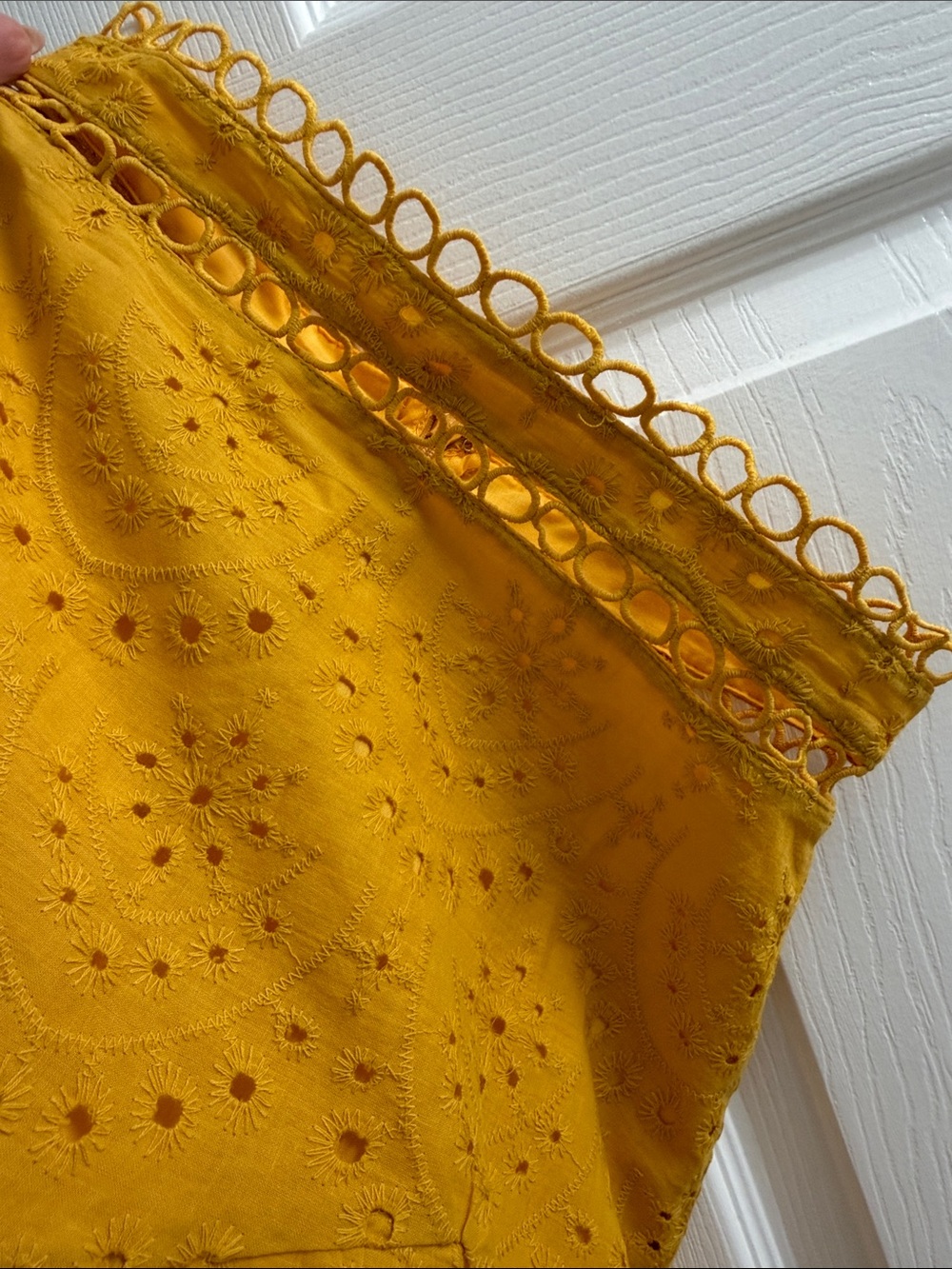 Yellow Eyelet Two-Piece Skirt Set - Elegant Crop Top & A-Line Skirt - Picture 5 of 6